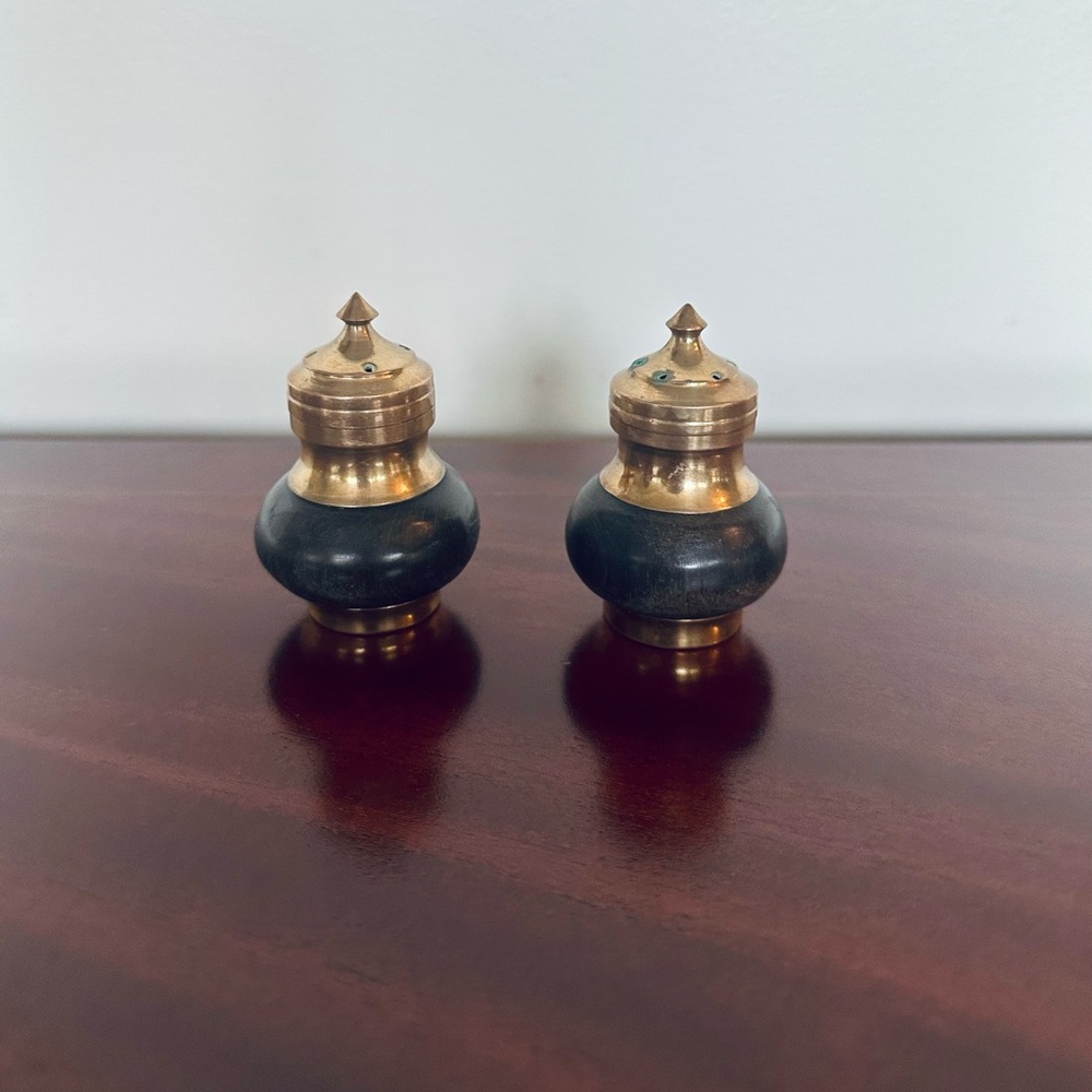 Brass & Wood Salt and Pepper Shakers Vintage Mid Century Light Patina